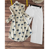 Trendy Palm Print Reyon Kurti with White Lycra Plazzo Set for Women's